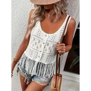 Women's tassel front slit vest, Bohemian sleeveless summer crochet top, fashionable women's daily top, backless sleeveless topRAIMENTRY