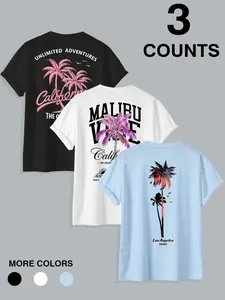 Multi-Color 3 Counts Graphic Tee Bundle | Malibu California & Los Angeles 1990 Vintage Design Tropical T-Shirts | Loose Fit Comfortable Daily Wear for Teens & Men | Perfect Summer Travel Outfit Set Menswear