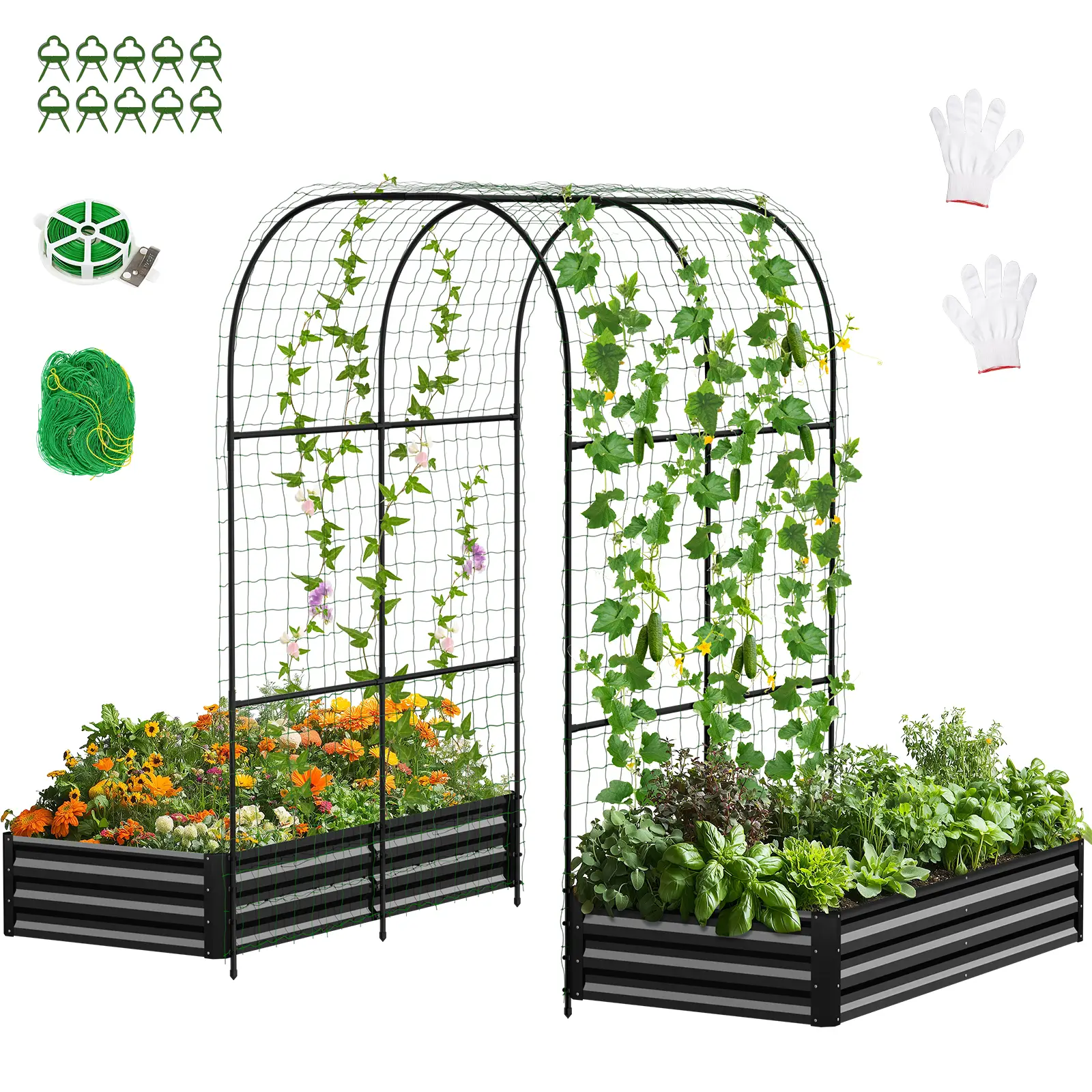 Lilypelle 3 in 1 Raised Garden Bed with Tall Arch Trellis for Climbing Plants, Galvanized Planter Box Outdoor for Gardening, Vegetables, Flower