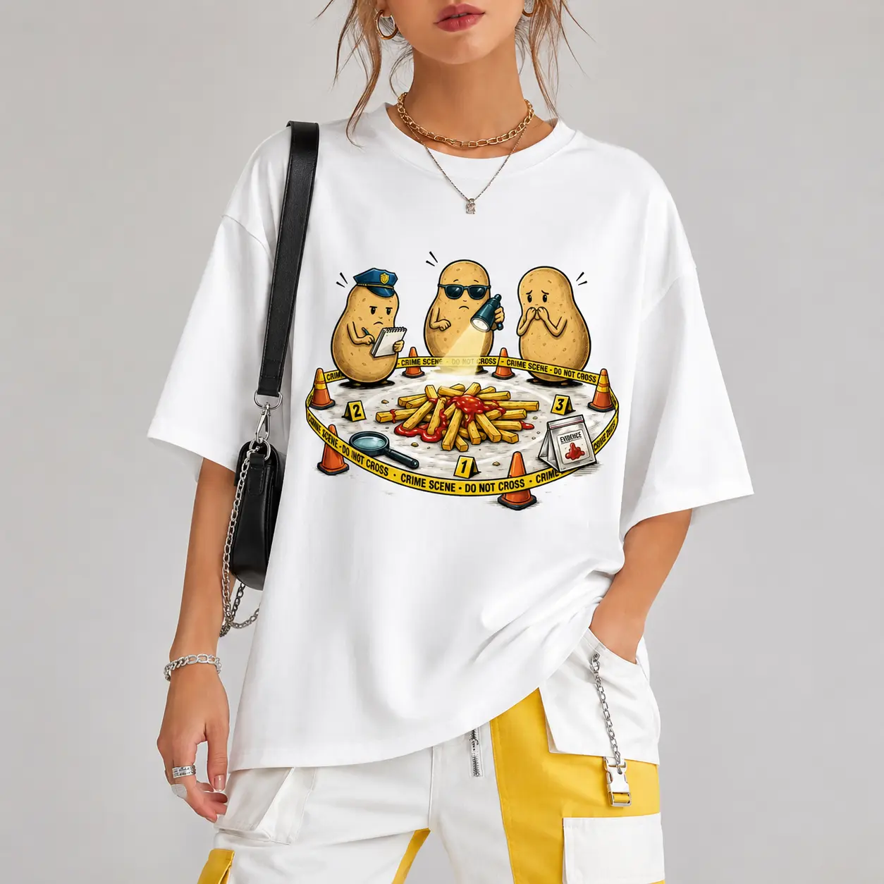 [100% Cotton] Potato Crime Scene T-Shirt, Funny French Fries Graphic Tee, Cute Potato Detective Shirt, Food Humor Tshirt, Cartoon Crime Scene Short Sleeve Shirt, Trendy Oversized Tee, Funny Food Lover Gift For Men Women
