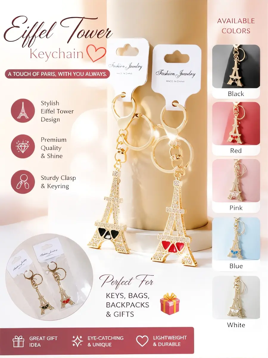 Eiffel Tower Keychain - Stylish Parisian Design in Black, Red, Pink, Blue, White - Premium Quality & Shine - Sturdy Clasp & Keyring - Perfect for Keys, Bags, Backpacks & Gifts