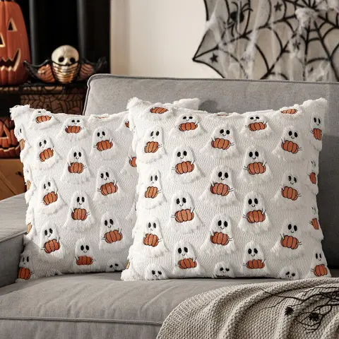 Halloween Cute Ghost Ghost decoration Pillowcase 17.72inch, white soft plush throw cushion cover, Halloween festival party autumn holiday home decoration (pillow core not included)