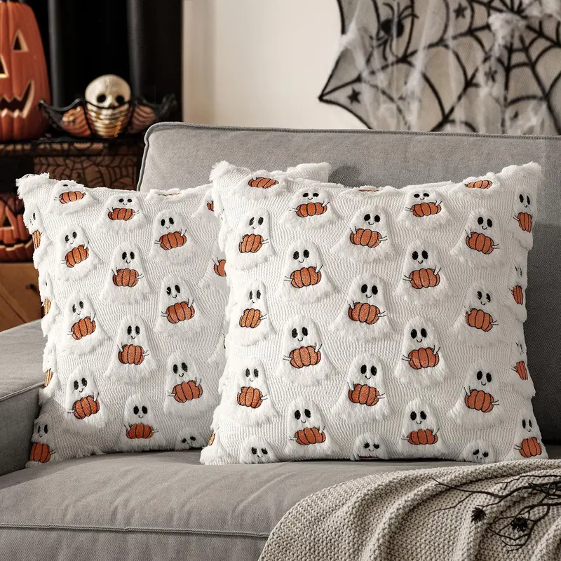 Halloween Cute Ghost Ghost decoration Pillowcase 17.72inch, white soft plush throw cushion cover, Halloween festival party autumn holiday home decoration (pillow core not included)