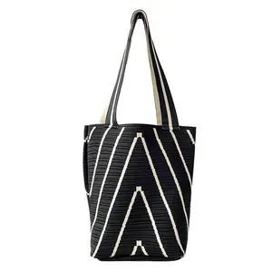 Stylish Geometric Pattern Knitted Shoulder Bag for Women Large Capacity Commute Tote Black White Stripes Comfortable Strap Premium Material