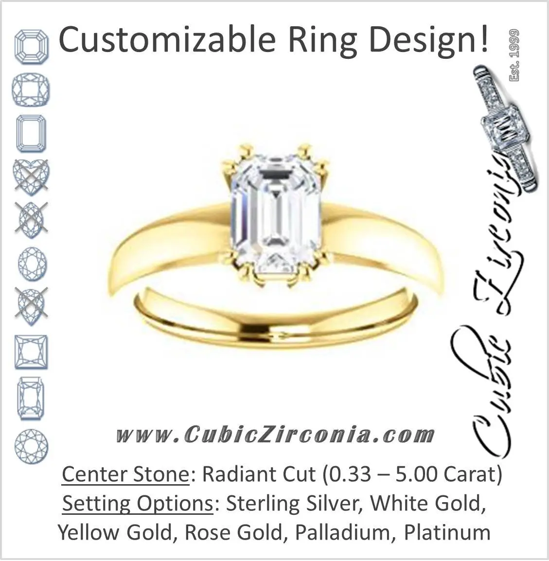 Cubic Zirconia Engagement Ring- The Reba (Customizable 8-pronged Radiant Cut Solitaire with Wide Band)