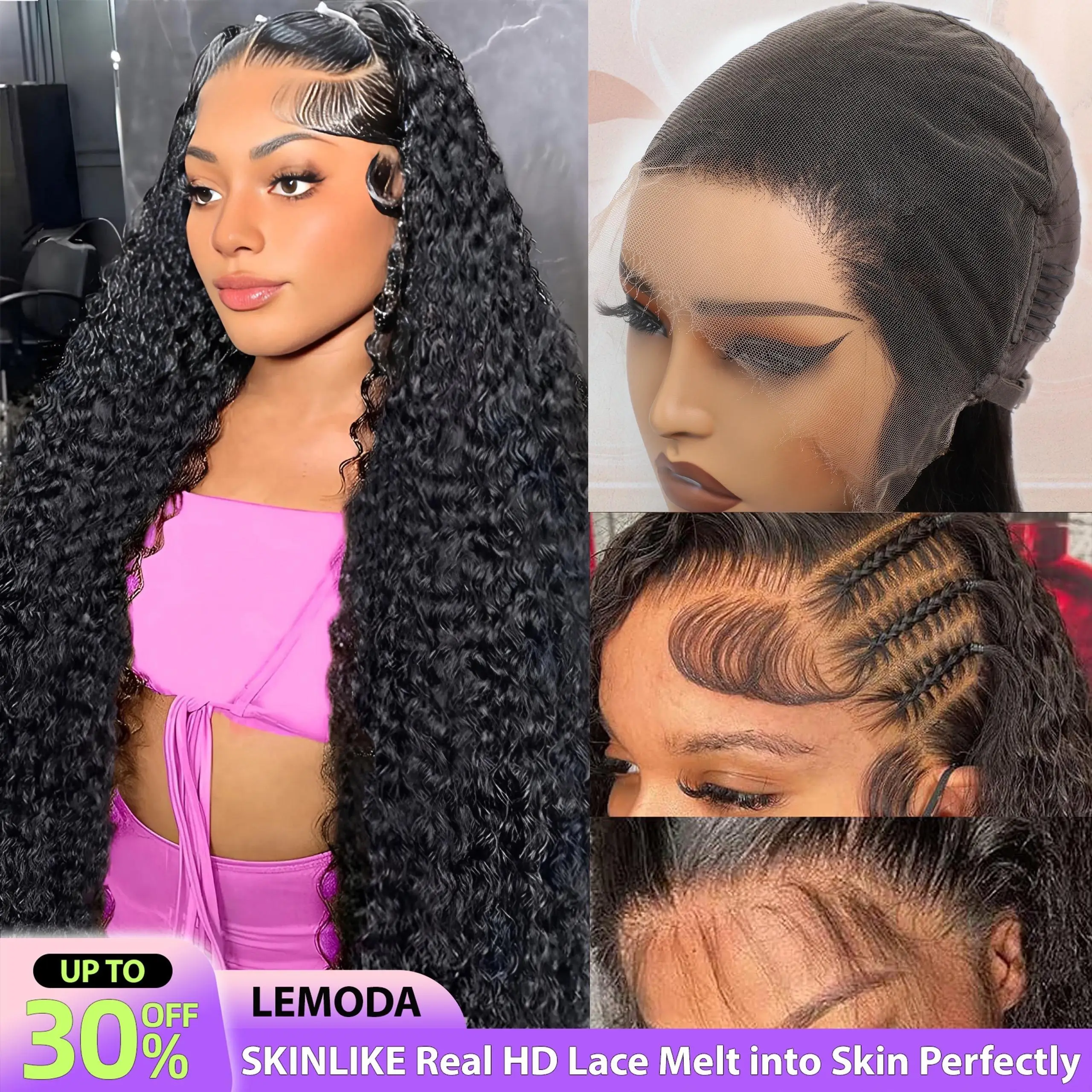 Lemoda 13x4 12A 210% Density 13x6 SKINLIKE Real HD Lace Water Wave Full Lace Frontal Wigs Deep Wave Virgin Human Hair Invisible 0.1mm Ultra-thin Fraye
