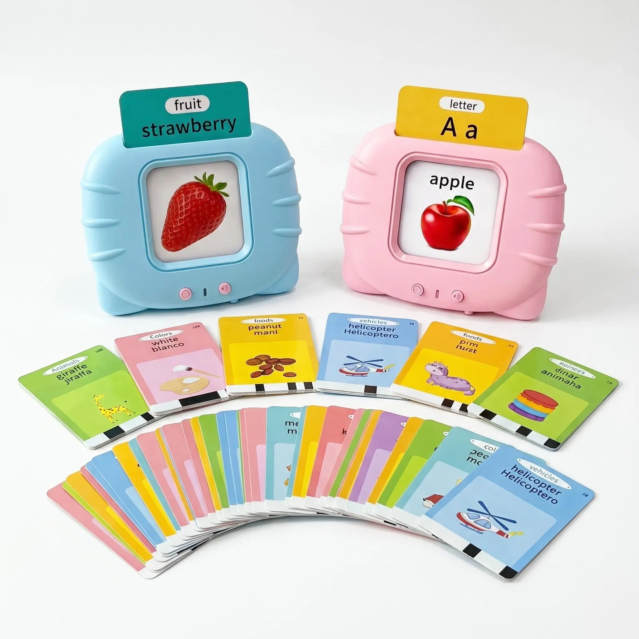 KIDGENIUS Kids Bilingual Flash Card Reader - English & Spanish Interactive Educational Toy, Bilingual Instruction Cards, Flashcards for Studying, Preschool Learning Tool, Back-to-School Game, Toddler Gift