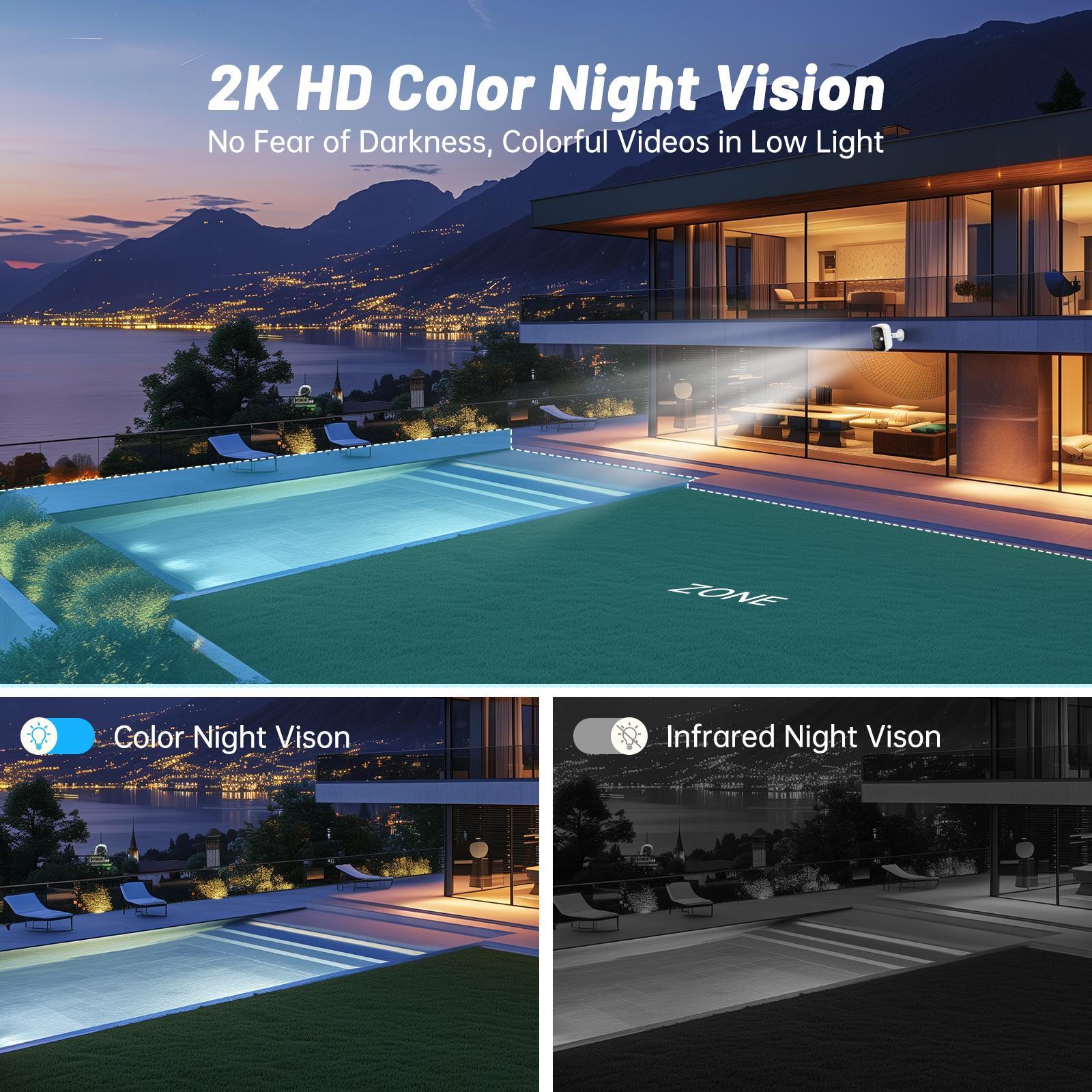 Outdoor wireless security camera, wifi home security camera, 2.5K battery powered AI motion detection spotlight siren, two-way talk, waterproof Wireless Solar