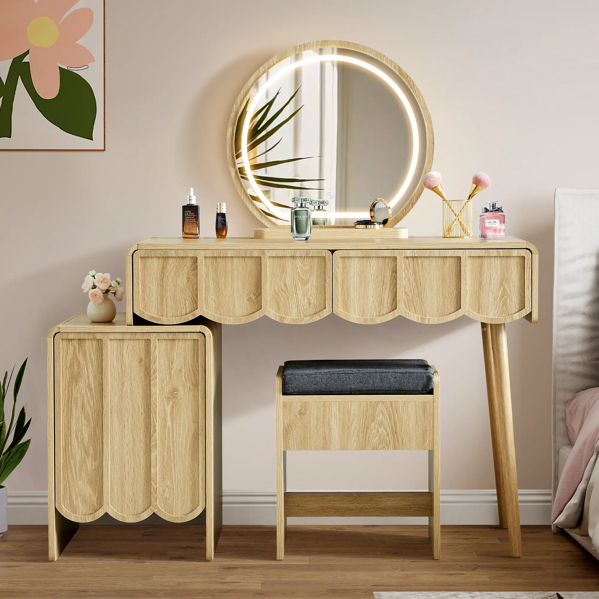 Giratree Vanity Desk with Mirror and Lights, Modern Wave Panel Makeup Table with Drawers, Cabinet and Stool for Bedroom, Dressing Room and Small Spaces