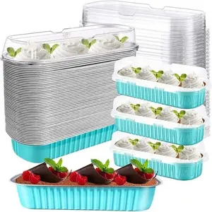 30pcs Mini Blue Bread and Cake Pans with Lids, 6.8oz Rectangular Aluminum Foil Baking Pans, Heat Resistant Bakeware, Disposable Cake Containers with Lids, Suitable Suitable for Single Cakes and Mini Muffin Plates, Kitchen Bakeware