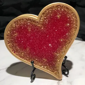 Heart Coaster Set Red Gold Druse Crystal Style Resin Art
