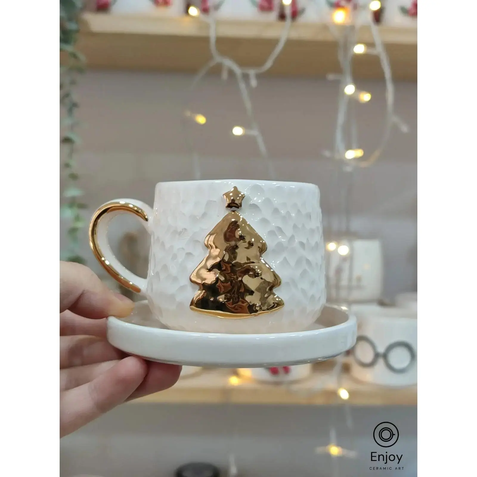 Gold Christmas Tree Espresso Cup with Saucer – Festive 5.4 oz Handmade Ceramic
