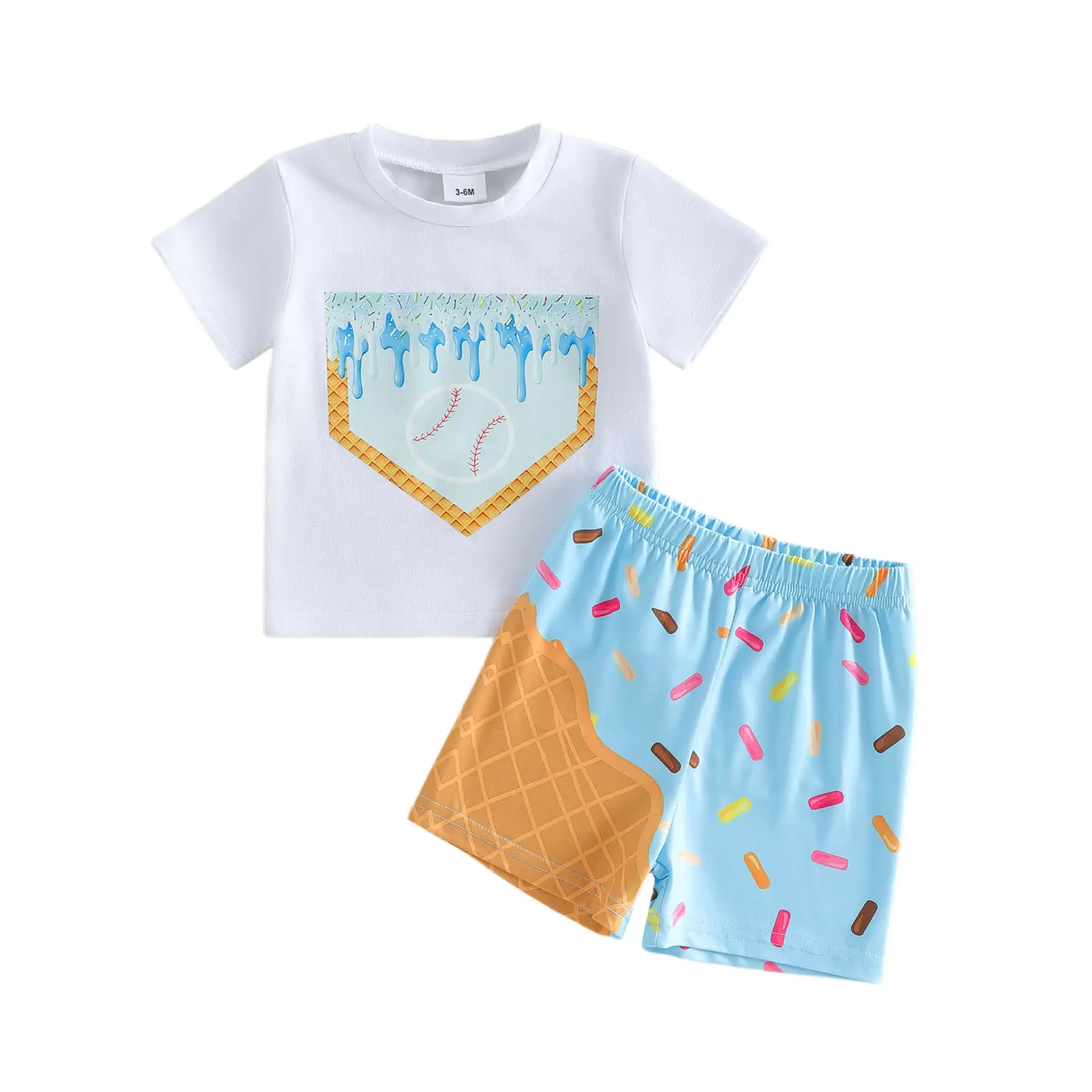 Toddler Baby Little Boys Summer Outfits Ice Cream Baseball Print Short Sleeve T-Shirts Elastic Waist Shorts Clothes Set 3M-3T