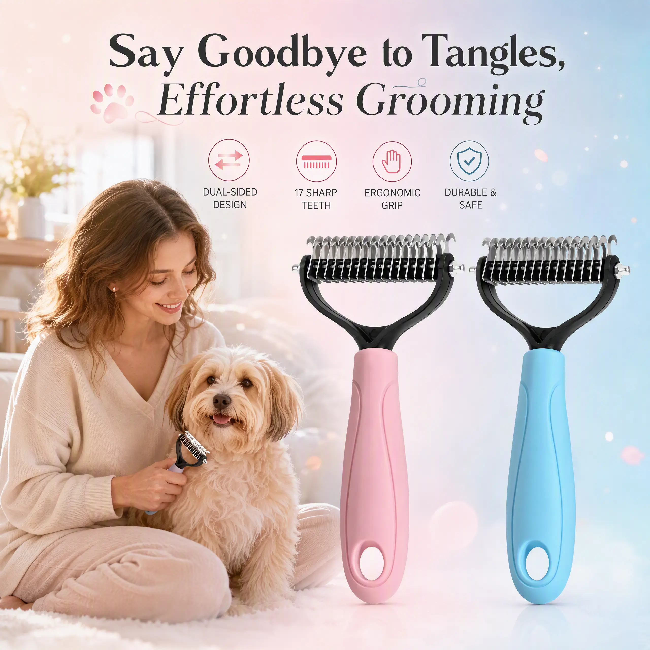 Pet Dematting Comb For Dogs & Cats, Double Sided Grooming Brush