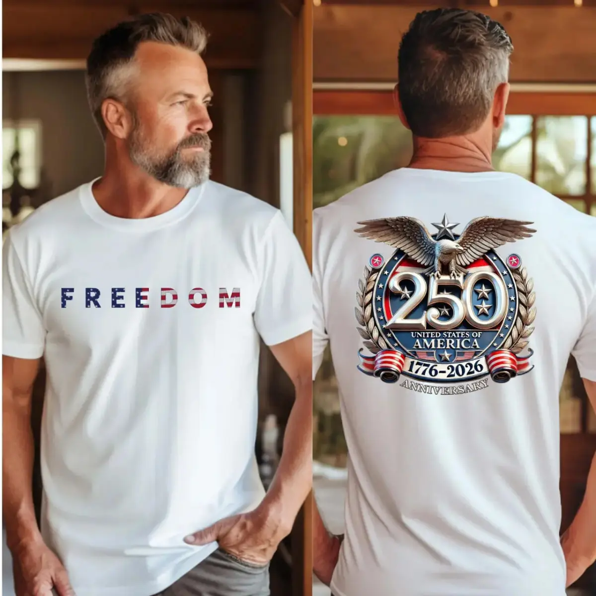 Women's USA 250th Anniversary Patriotic Boxy T-Shirt - Organic Cotton Short Sleeve Crew Neck, Dropped Shoulders, Soft-Wash, Drape Look, Loose-Fitting, US Pride Casual Top