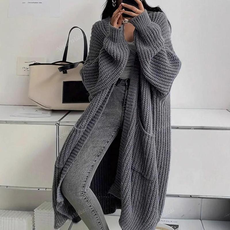 Women's Solid Color Textured Drop Shoulder Pocket Longline Cardigan Casual Open Front Long Sleeve Knitwear for Fall Winter Loose Fit Versatile Knit Clothing for Daily Wear