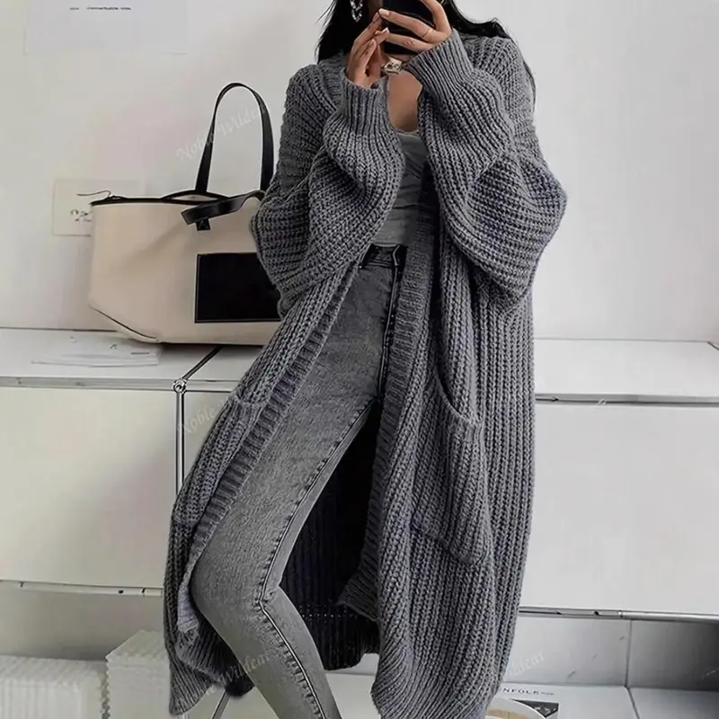 Women's Solid Color Textured Drop Shoulder Pocket Longline Cardigan Casual Open Front Long Sleeve Knitwear for Fall Winter Loose Fit Versatile Knit Clothing for Daily Wear