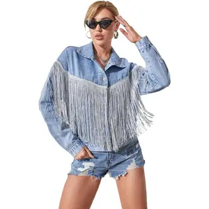 Crop Denim Jacket Tassel Casual Jean Coat With Fringe