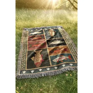 Vintage Fish Woven Blanket | Western Country Folk Lodge Cabin Tapestry | Rustic Home Decor Salmon Trout Throw Blanket