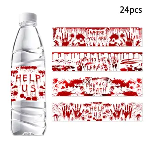 24pcs Halloween Blood Handprint Water Bottle Stickers, Party Decorations with Help Us Slogan, Horror Theme Supplies for Halloween Parties