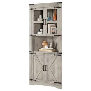 Tall Corner Storage Cabinet with Glass Door & Adjustable Shelves, White Farmhouse Corner Cabinet for Living Room, Kitchen, Bathroom, Space Saving Design with Waterproof Finish, Anti-Tip Safety, Easy Assembly