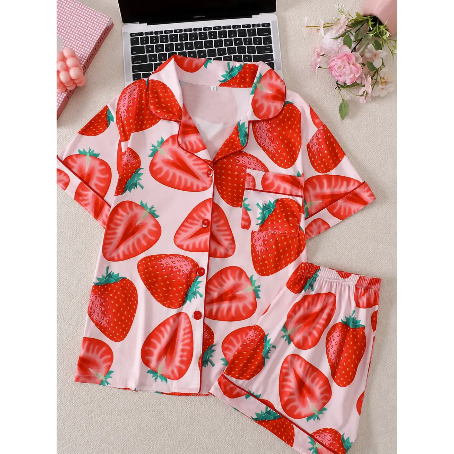 Women's Strawberry Print Short Sleeve Pajama Set with Collared Button-Down Top and Cozy Shorts - All-Season Casual Home and Sleepwear