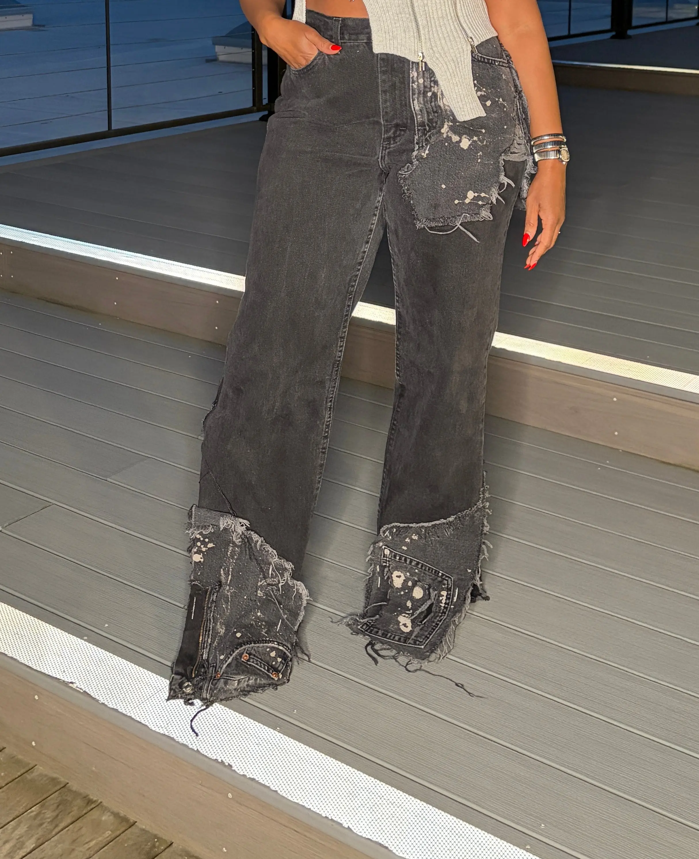 Custom One sided denim split bottom jeans