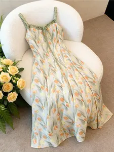 Tulip Floral Halter Dress, Elegant Chic Long Fitted Style, All over Print, Drawstring Square Neck, Waist Cinch, Pastel, Perfect for Dates & Vacations