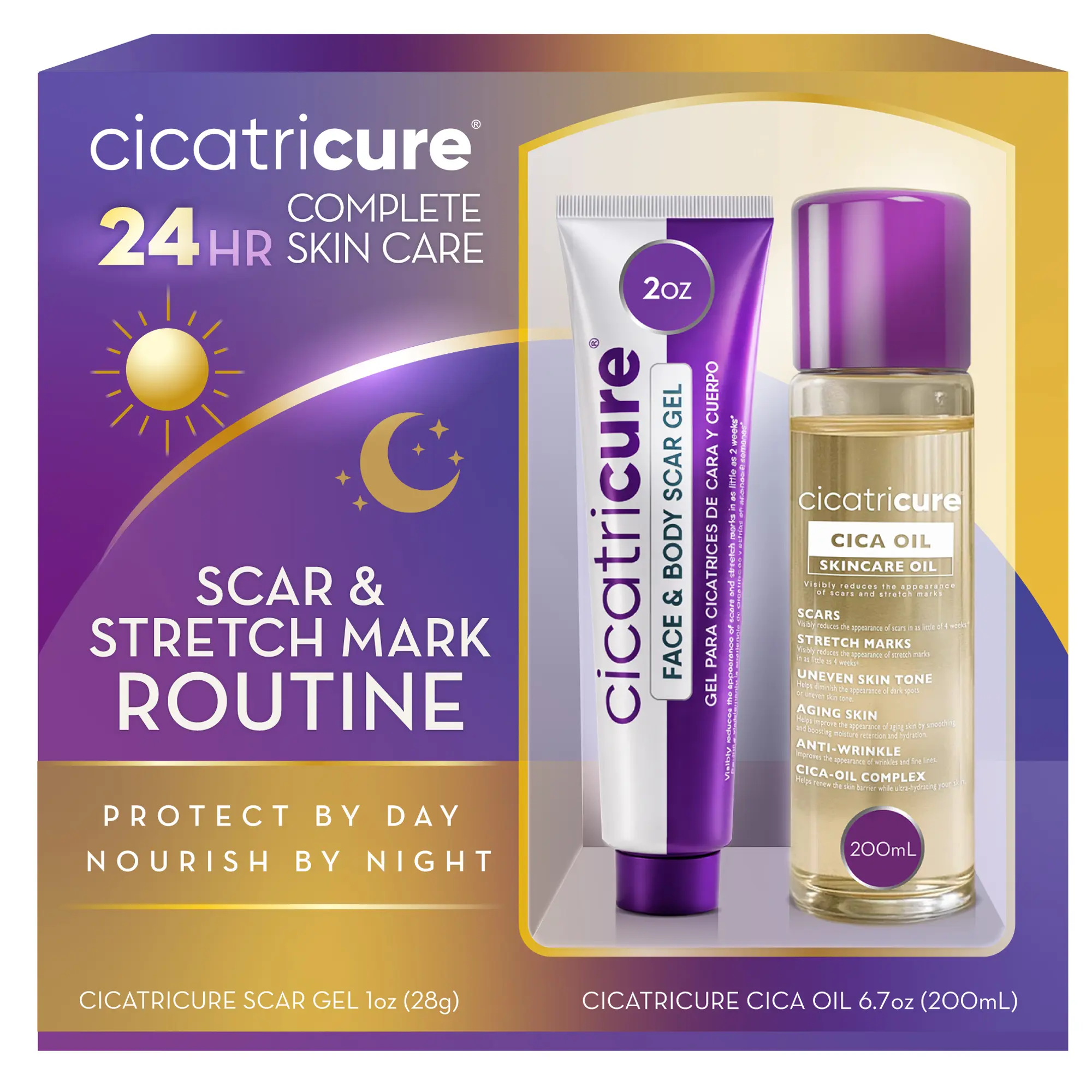 Cicatricure Scar Gel & Cica Oil, 24HR Scar & Stretch Mark Routine Set, Gel by Day (2oz)+Body Oil by Night (200ml) , Proven results in 2 weeks, for Stretch Marks and Surgical, Burn and Acne Scars, 2pc