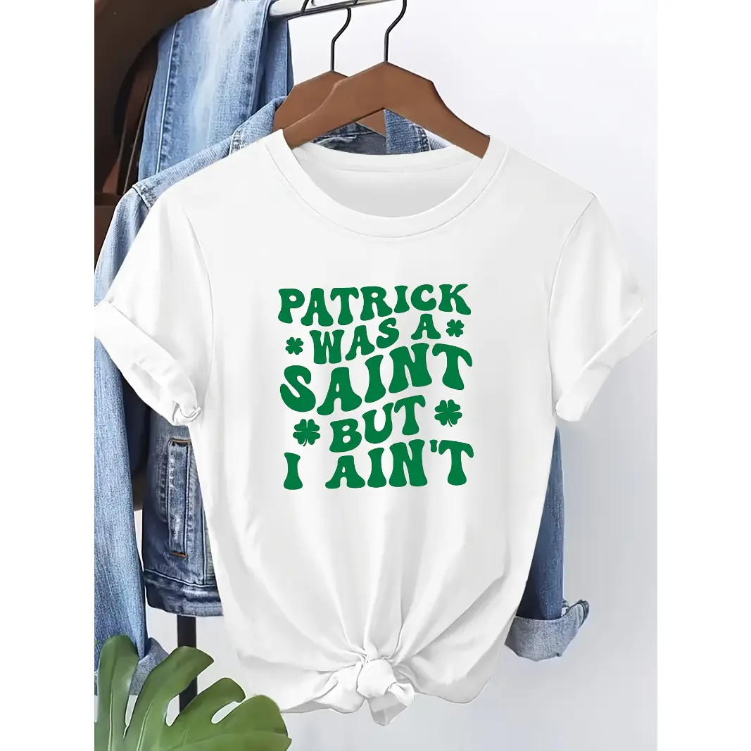 Women's Fitted Short-Sleeve Cotton St. Patrick's Day T-Shirt - Funny Irish Quote, Shamrock Print, Casual Streetwear Top for Party, Parade