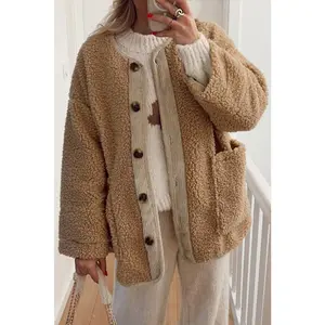 Light French Beige Puffy Plush Corduroy Edge Patchwork Jacket with Big Pockets