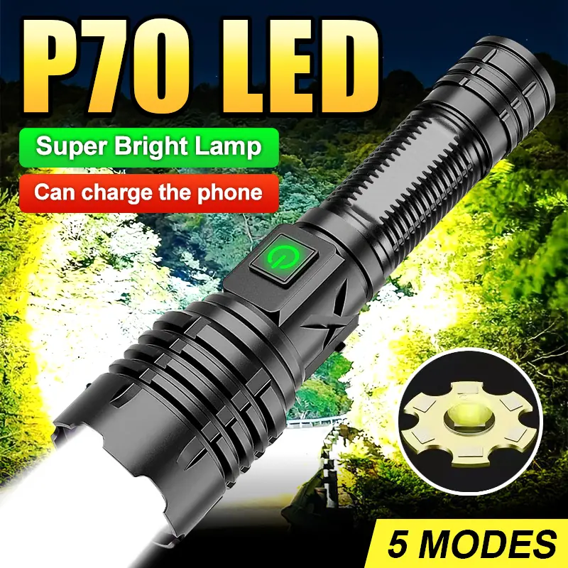 Ultra Bright P70 LED Flashlight High Lumens, Rechargeable Tactical Flashlight with Power Bank, 5 Modes Zoomable Waterproof Flashlight for Camping, Hiking, Emergency, Power Outage