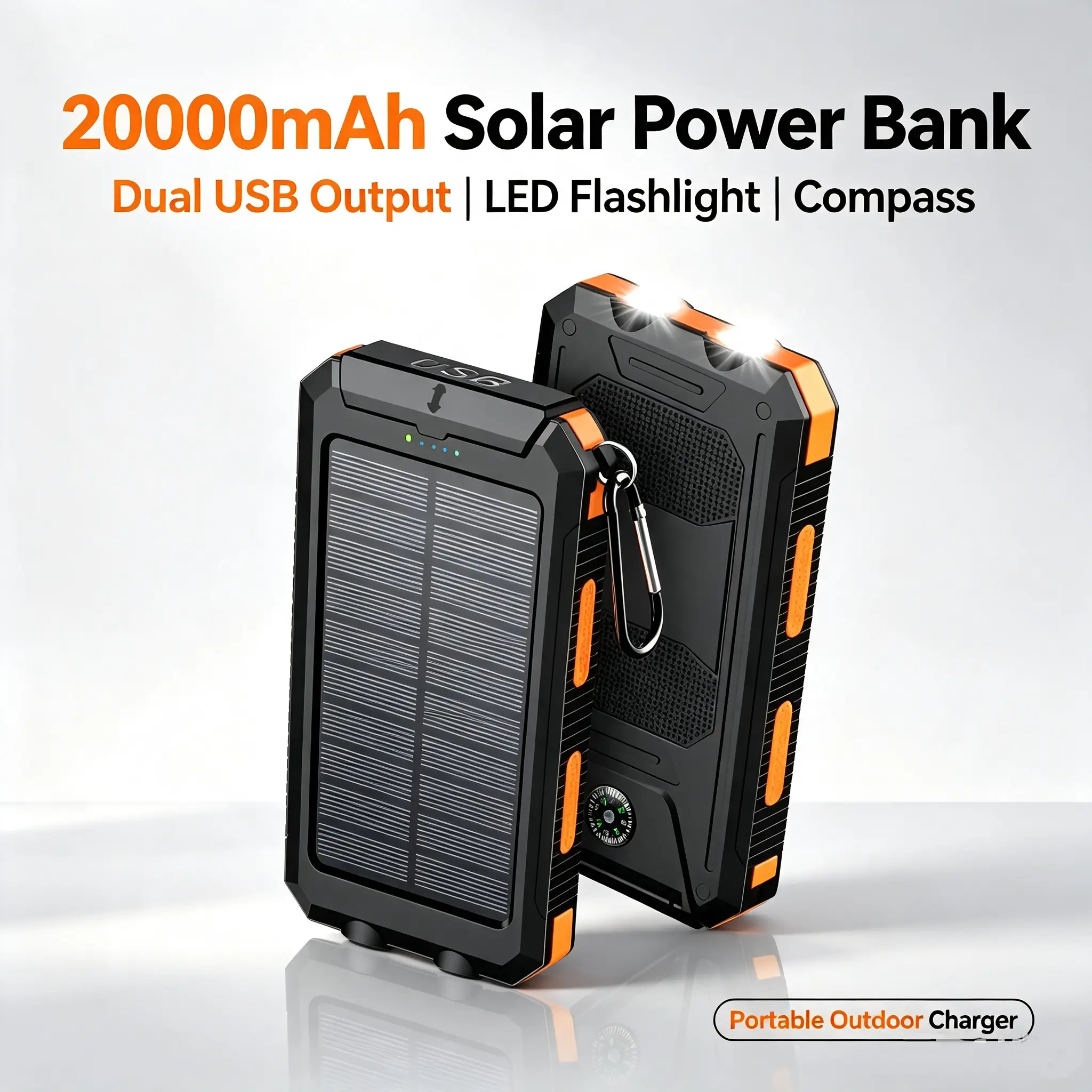 20000mAh Solar Power Bank Fast Charging Outdoor Portable Charger with Compass Flashlight