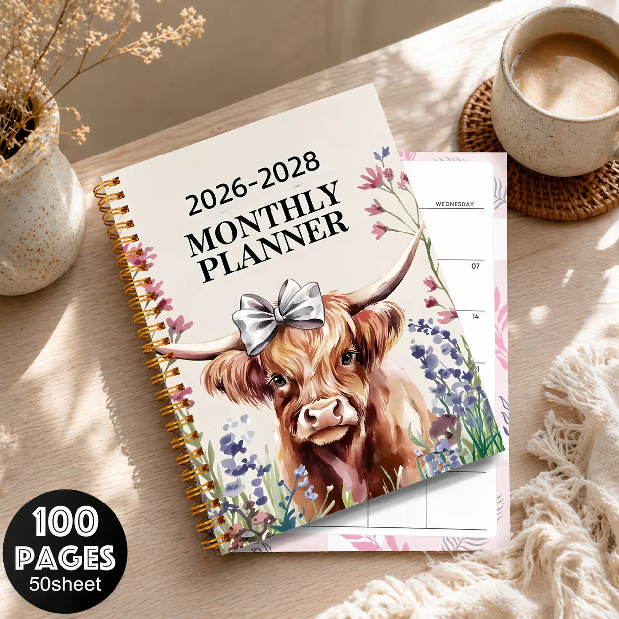 2026-2028 Highland Cow Floral Planner, 3-Year Lay-Flat Spiral Organizer with Weekly-Monthly Layouts, Smooth-Seamless Writing Stationery for Planner Lovers, Desk Setups Gift (Back to School, Coworkers)