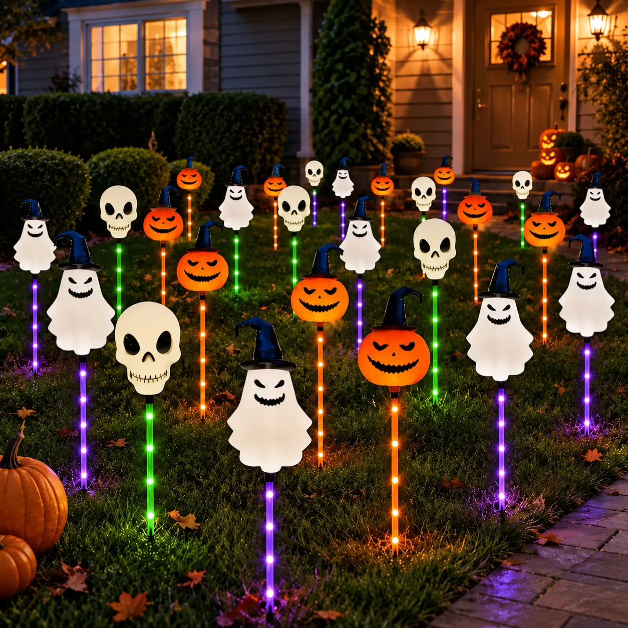 6-Pack Solar Halloween Garden Stake Lights, Color-Changing LED Pumpkin, Skeleton & Ghost Pathway Lights, IP44 Waterproof Outdoor Decorations for Yard, Lawn, Walkway, Porch, Graveyard & Haunted House unique festive decor decorative