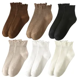 6/12 Pairs Ankle Socks for Women Girls Cotton Ruffle Sports Casual Cute Soft Socks for Spring Summer Feminine Female Daily Wear Frilly Breathable Socks Comfy Trim Flounce Lettuce Design Socks 6 Pack of Solid Colors Knit Sock One Size 5-9