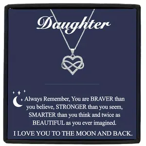 to My Daughter Infinity Heart Necklace - Bohemian Y2K Style Stainless Steel Jewelry with White Golden Plating, Interlocking Hearts & Floral Design, Gift Box & Card - Christmas, Graduation, Birthday, Valentine's Day Present for Daughters