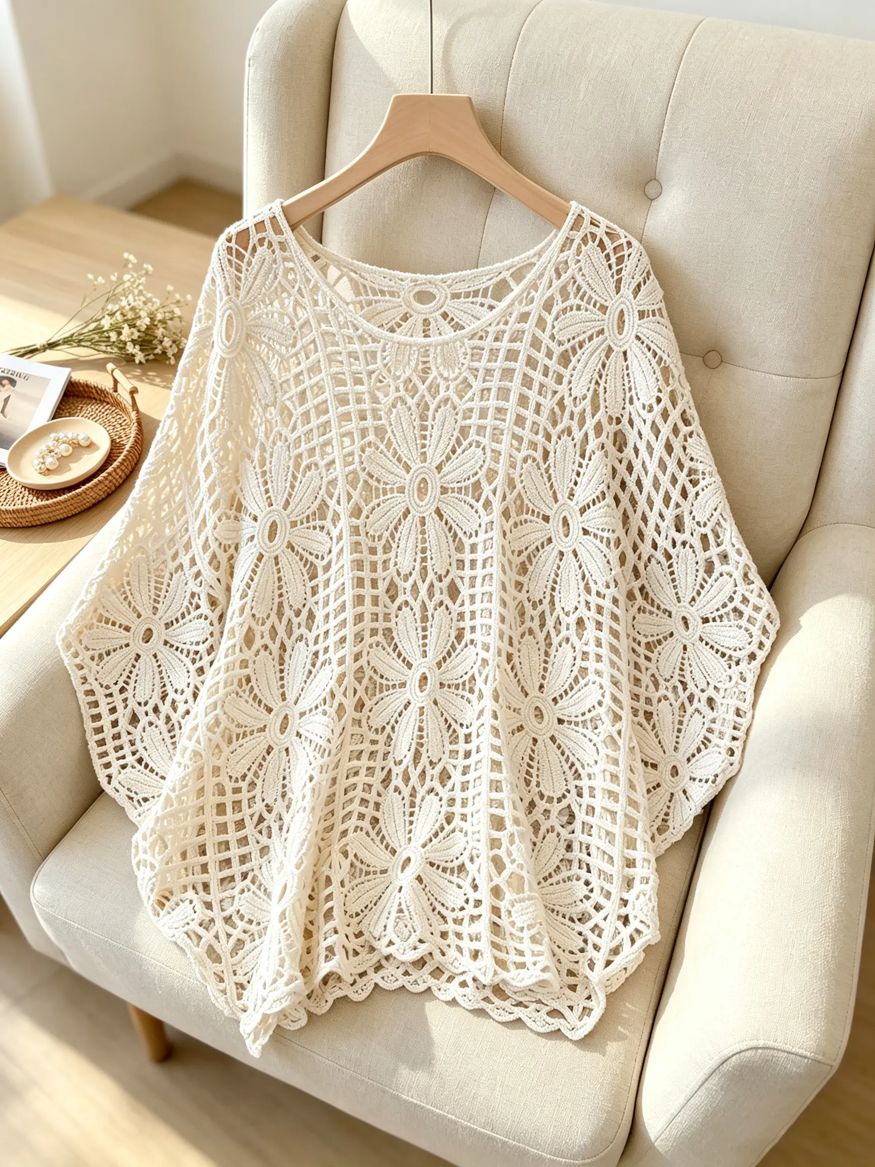 Women's Swim Cover-Up, Round Neck, Solid Color, Knitted Openwork Batwing Sleeve (Sports & Outdoor Surfwear Accessory)