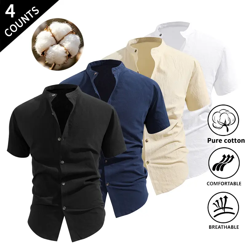 Summer Vibes 4-Pack Men’s Mandarin Collar Short-Sleeve Button-Up Shirts, Breathable Cotton Summer Casual Solid Tops