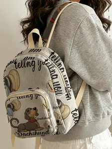 1 piece of lady's backpack with 2D printed dachshund pattern + fun slogan, velvet texture + layered storage + lightweight and easy to carry | perfect for students to go to class/shopping/short trips | combines atmosphere with practicality