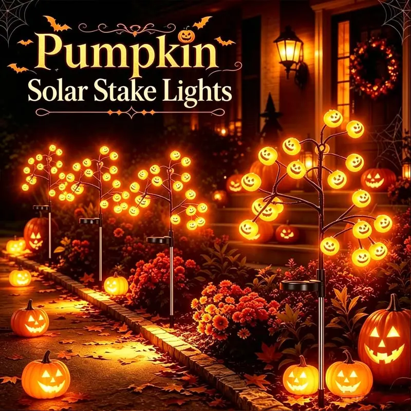 Solar Pumpkin Stake Lights, 20-Head Halloween Garden Lights with 8 Lighting Modes & Auto On/Off Sensor, Solar Powered Waterproof Pumpkin Pathway Lights, Outdoor Lawn Patio Walkway Landscape Decor, 2/4 Pack Halloween Festival Ornament Lights