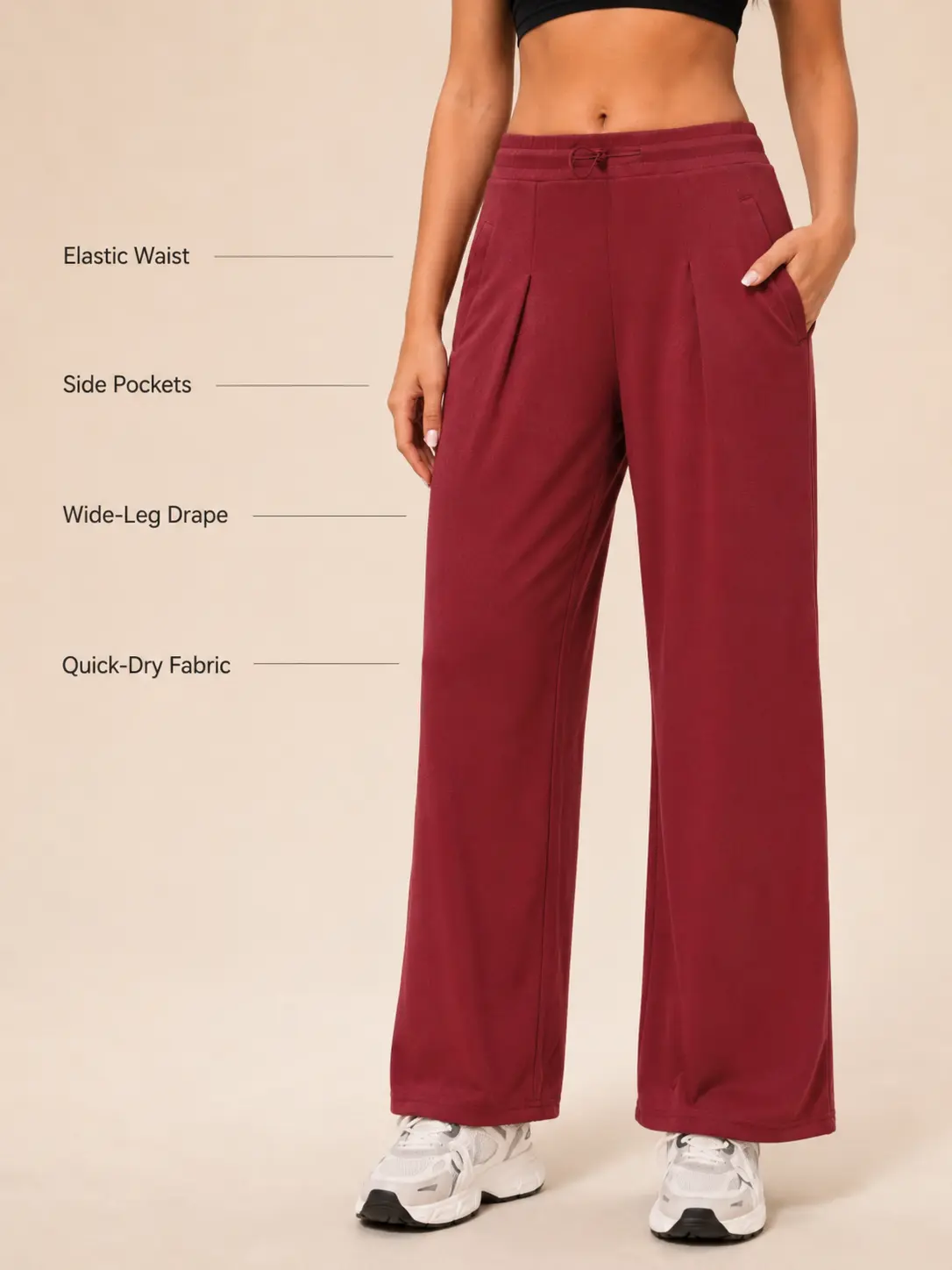 Women's Wide Leg Workout Pants, Mid Rise Drawstring Elastic Waist Pleated Track Pants with Side Pockets, Quick-Dry Nylon Fabric