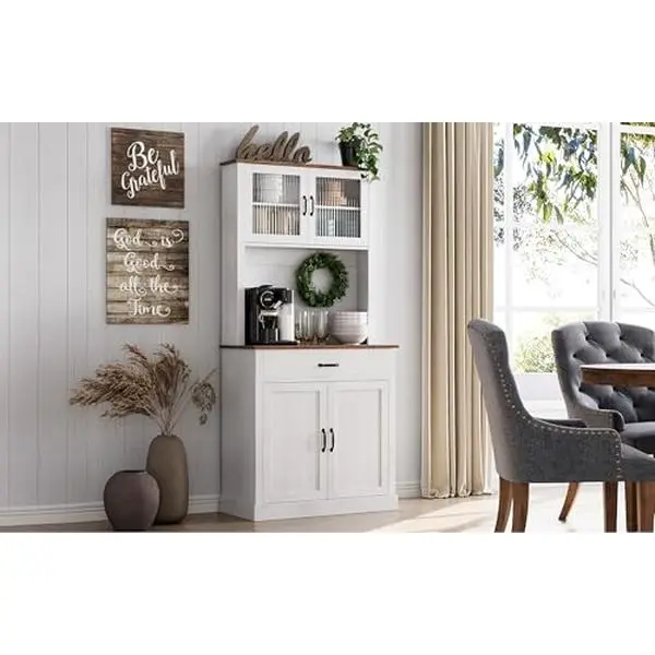 Versatile pantry cabinet for kitchen & dining room – Tall sideboard with glass doors, microwave shelf, height-adjustable shelves & drawer, generous storage space – Color: Washed White