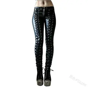 5XLLargeSizeLeggingsPunkGothicPULeatherPencilPantWomenSexySkinnyTrouserLaceUpRivetZipperRetroLongBikerPants