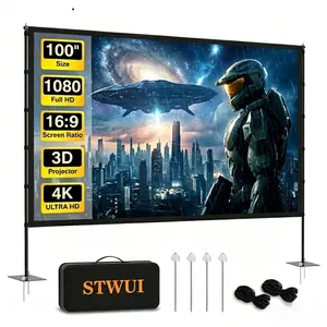 STWUI Outdoor Projector Screen (with Stand) 100, 120, 150 inches Portable Projection Screen Indoor Outdoor Projector Screens 16:9 4K HD Lightweight Movie Screen with Carry Bag for Backyard Movie Night