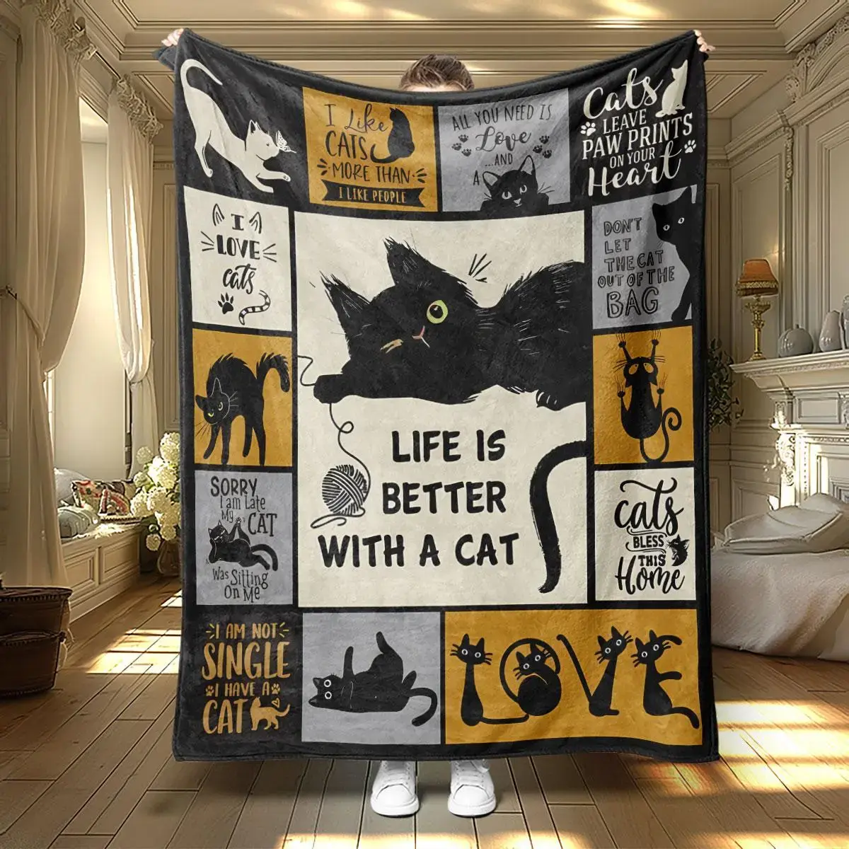 Cat Pattern Blanket, Cartoon Kitten Couch Throw, Flannel Animal Print Bedding, Pet Room Sofa Cover, Kids Bedroom Nap Blanket, Dorm Lounge Decor, Cat Lover Birthday Present for Girls Boys Women, Apartment Cat Nook