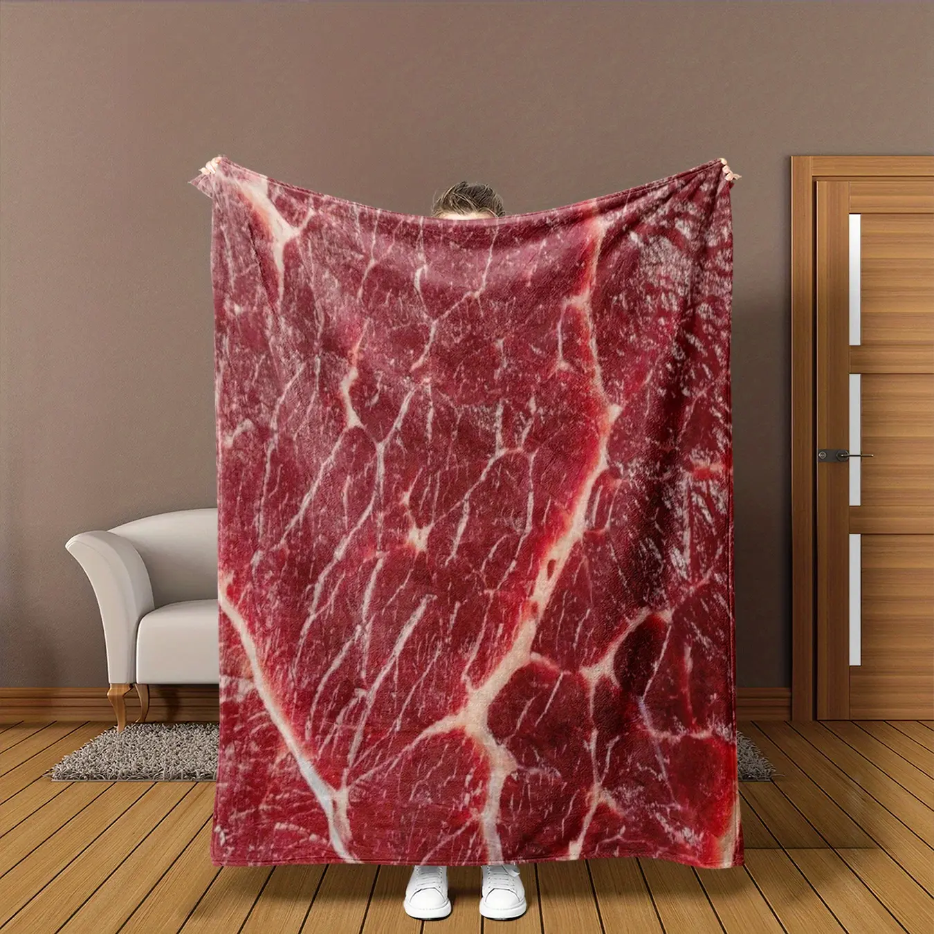 Realistic Steak-like meat pattern Flannel Blanket - Ultra-Soft & Warm Throw for Home, Office, Car - Reduces Cleaning - All-Season Luxury Decor - Perfect Gift for Steak Lovers & Culinary Enthusiasts, Home Comfort Accessory, Contemporary Design, Detailed Te