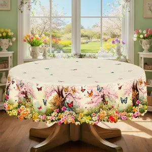 1pc Spring Summer Themed Party Tablecloth | Butterfly Daisy Cherry Blossom Floral Printed Design, Rectangular/Round/Oval Shape, Embossed Edge, Polyester, Suitable For Indoor Outdoor Dining Picnic Dinner Dining Room Decoration