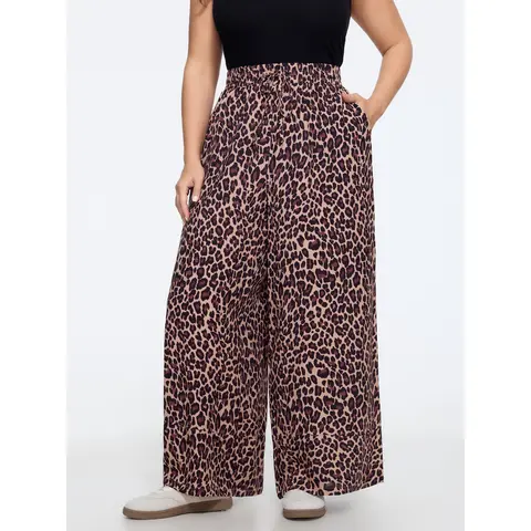 BloomChic Leopard Print Elastic Waist Wide Leg Pants 【M-6XL】