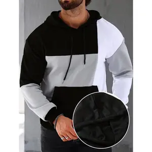 [Color Block Hoodie Kangaroo Pocket] Patchwork Color Block Hoodie With Kangaroo Pocket, Men's Casual Solid Color Slightly Stretch Drawstring Pullover Hooded Sweatshirt For Spring Fall